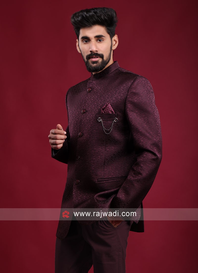 Brocade Silk Wine Color Jodhpuri Suit